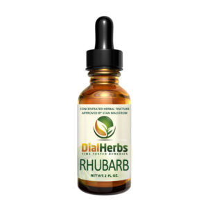 A bottle of rhubarb extract is shown.